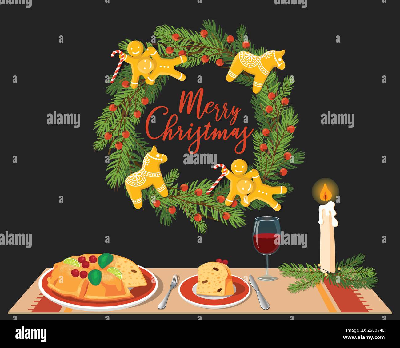 Hand drawn Christmas festive table vector illustration Stock Vector