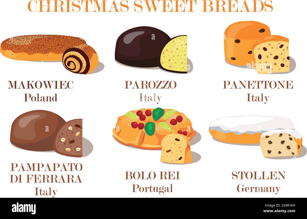 Various Christmas sweet breads flat vector collection. Cartoon cakes seamless pattern Stock Vector