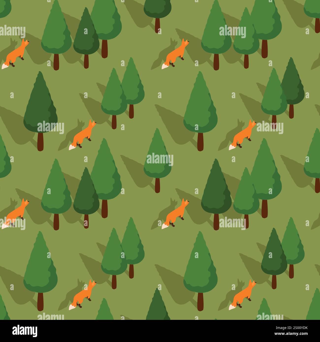 Vector isometric seamless pattern of a fox in a forest Stock Vector