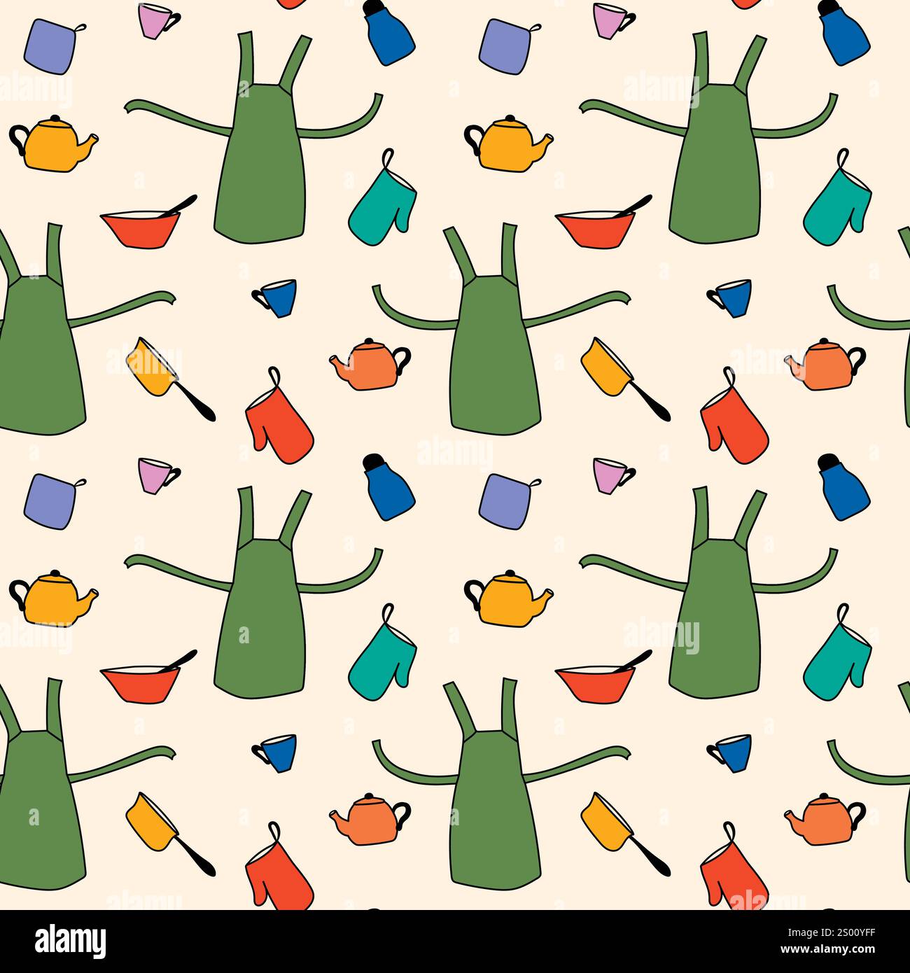 Hand drawn seamless pattern of colorful kitchenware set Stock Vector