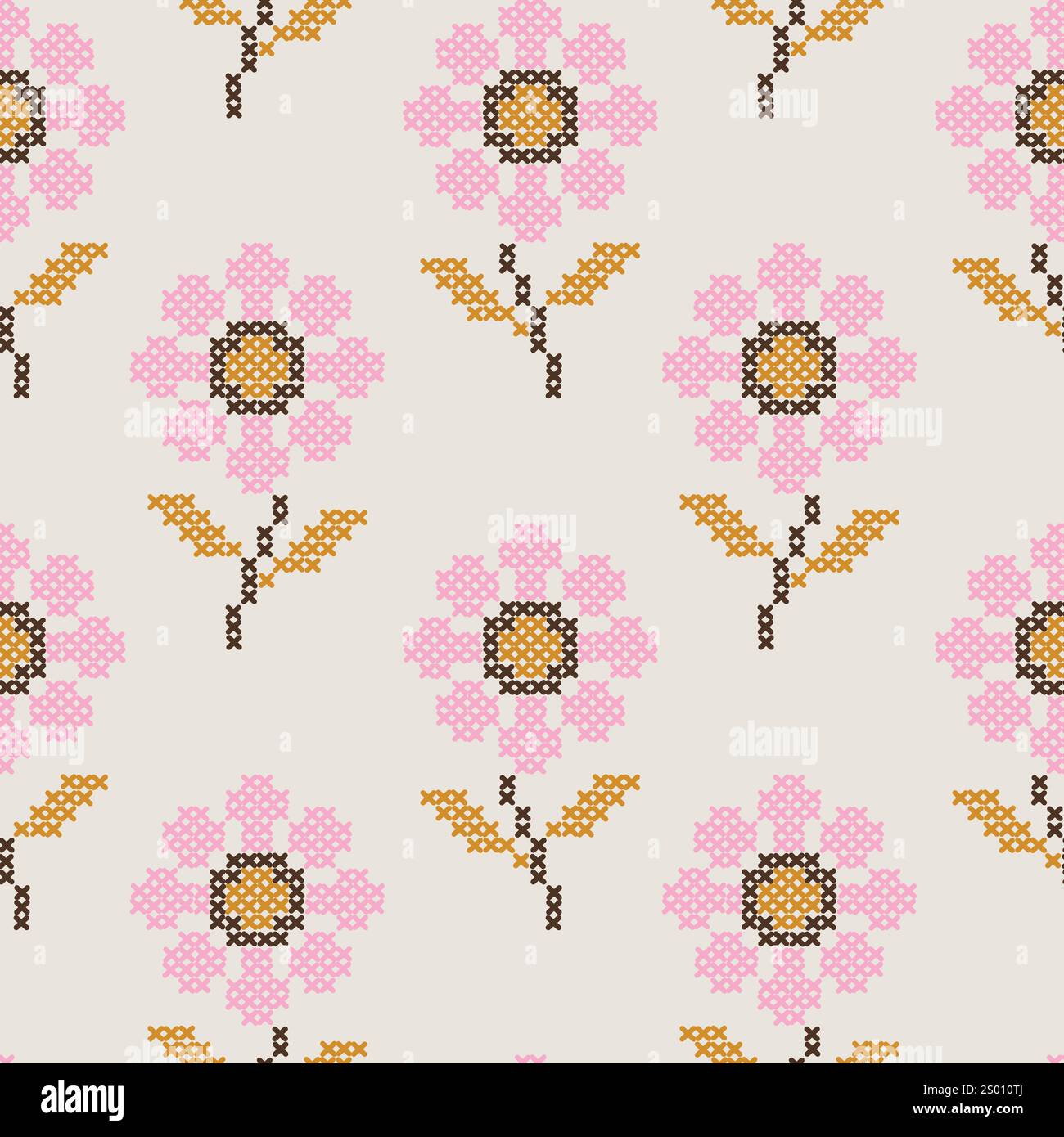 Flower cross stitch embroidery design, vector seamless pattern Stock Vector