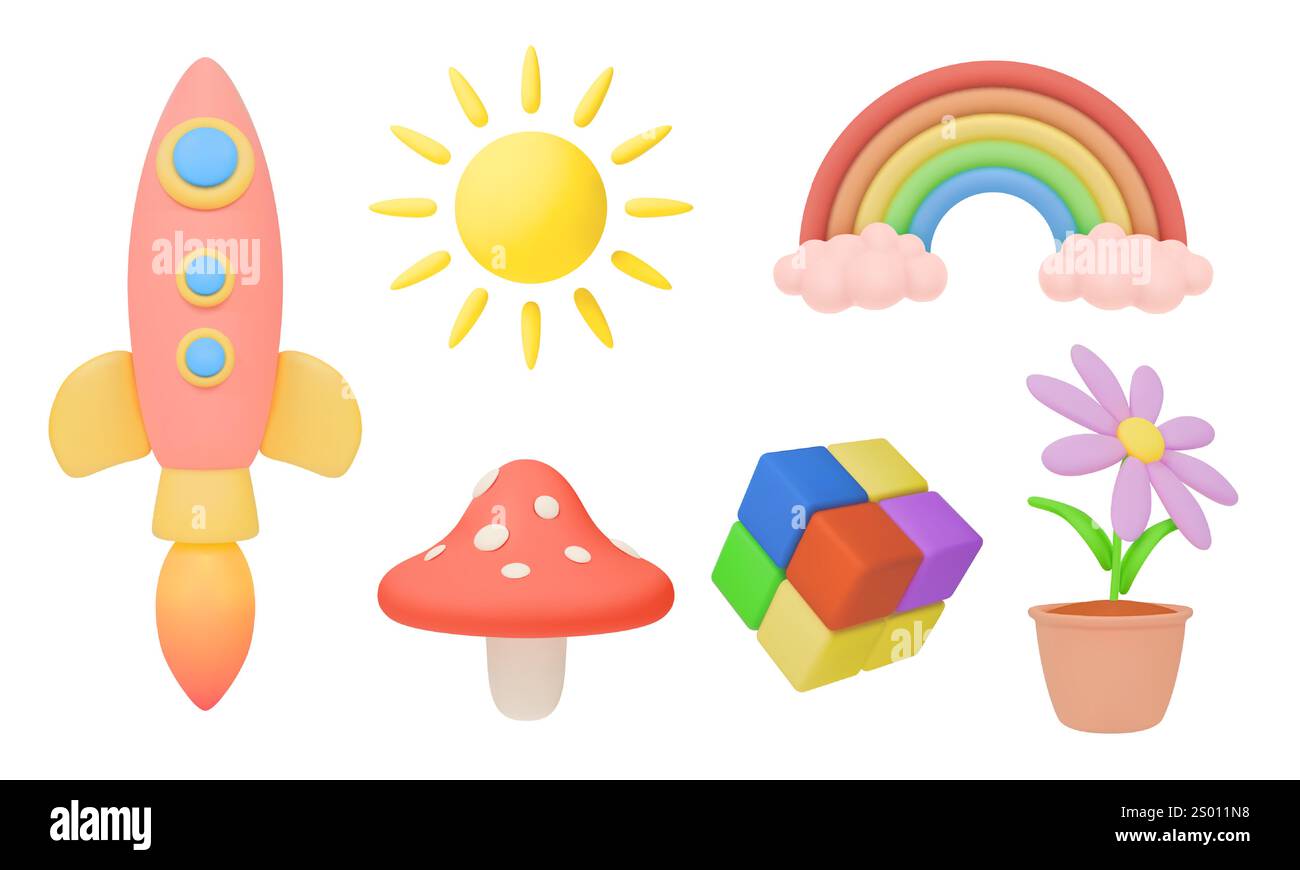 3D kids icons. Children toys. Cute plant in flowerpot. Plastic Rubik cube. Pastel colors rainbow with clouds. Sky sun. Rocket spaceship launch. Fly ag Stock Vector