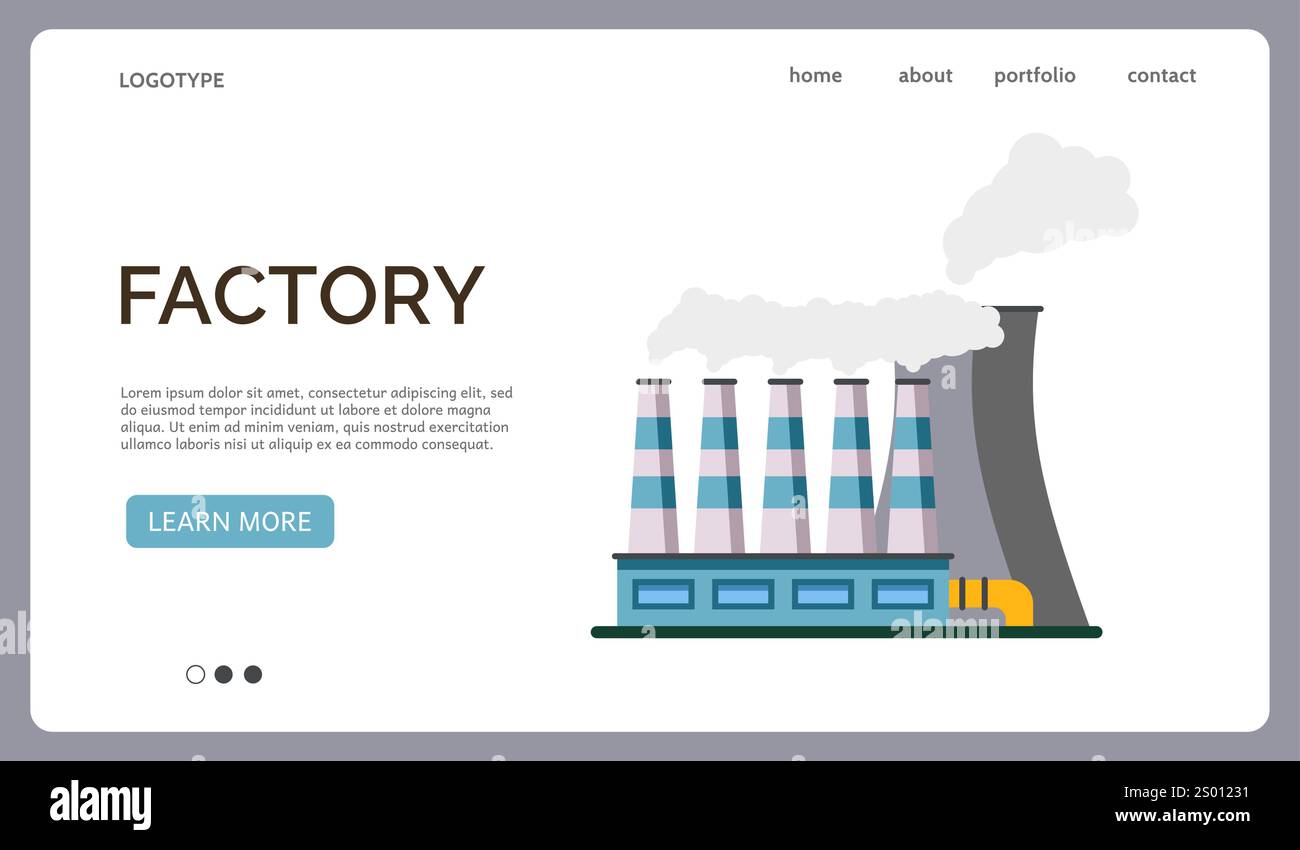Factory industry landing page. Power station. Electricity generation. Website design template. Energy production. Smoke chimneys. Industrial pollution Stock Vector