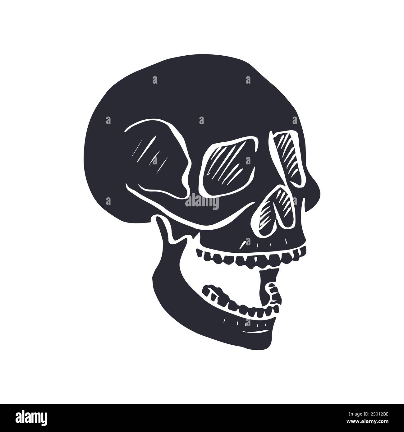 Hand drawn black silhouette human skull isolated on white background ...