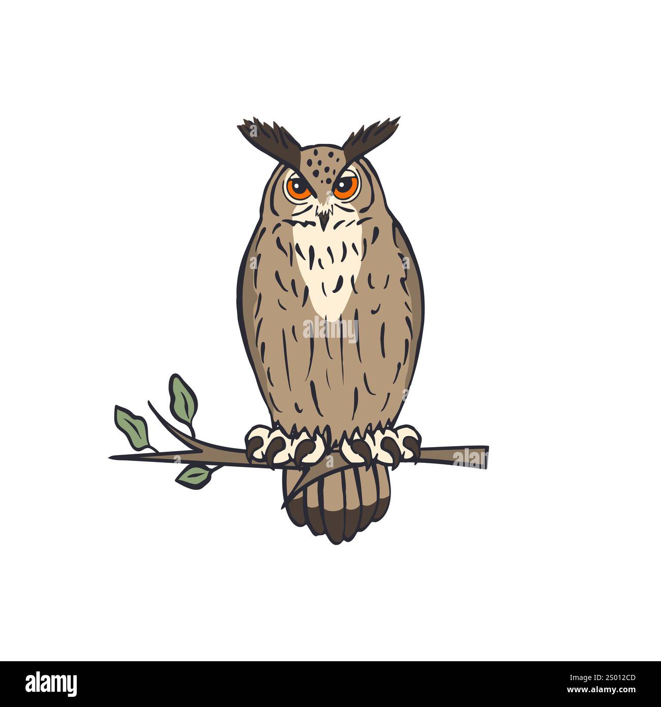 Hand drawn line art eagle-owl sitting on tree branch Stock Vector