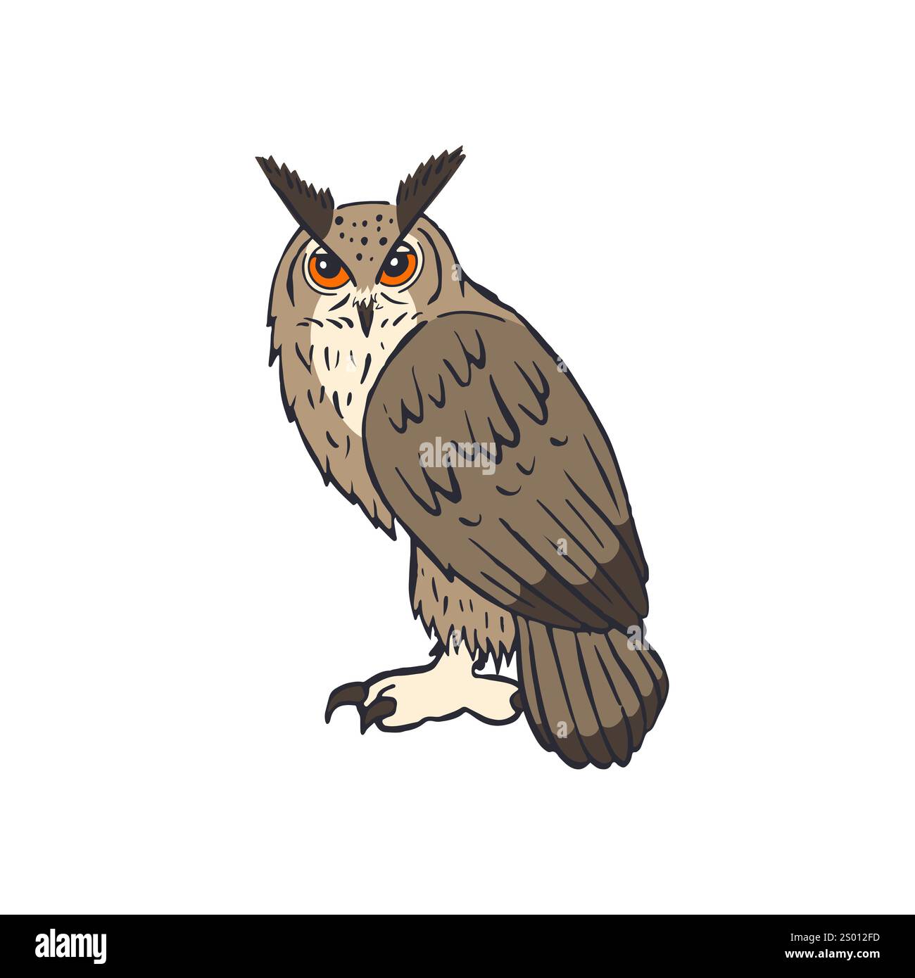Hand drawn line art eagle-owl standing isolated on white Stock Vector