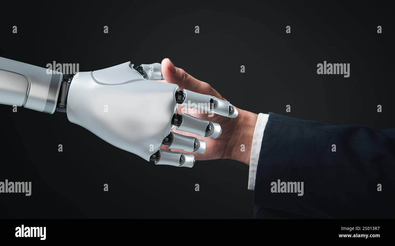 Robotic And Human Hands Shaking Symbolizing Ai And Human Collaboration Ideal For Technology Robotic And Human Hands Shaking Symbolizing Ai And Human Collaboration Ideal For Technology