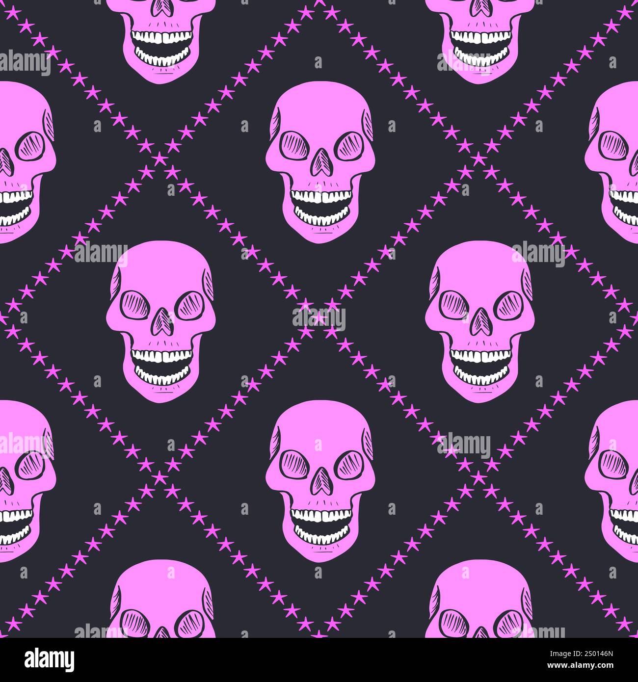 Seamless pattern with hand drawn skulls inside trellis Stock Vector