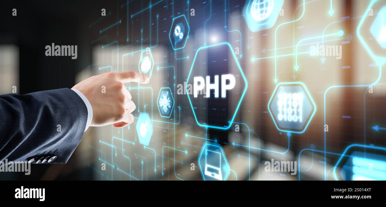 Hypertext Preprocessor PHP Programming. Interpreted programming language Stock Photo