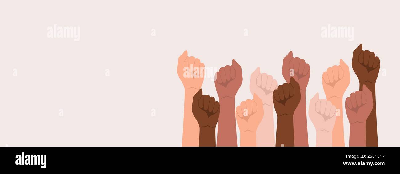 Hands of people of different nationalities and skin tones raised up and ...
