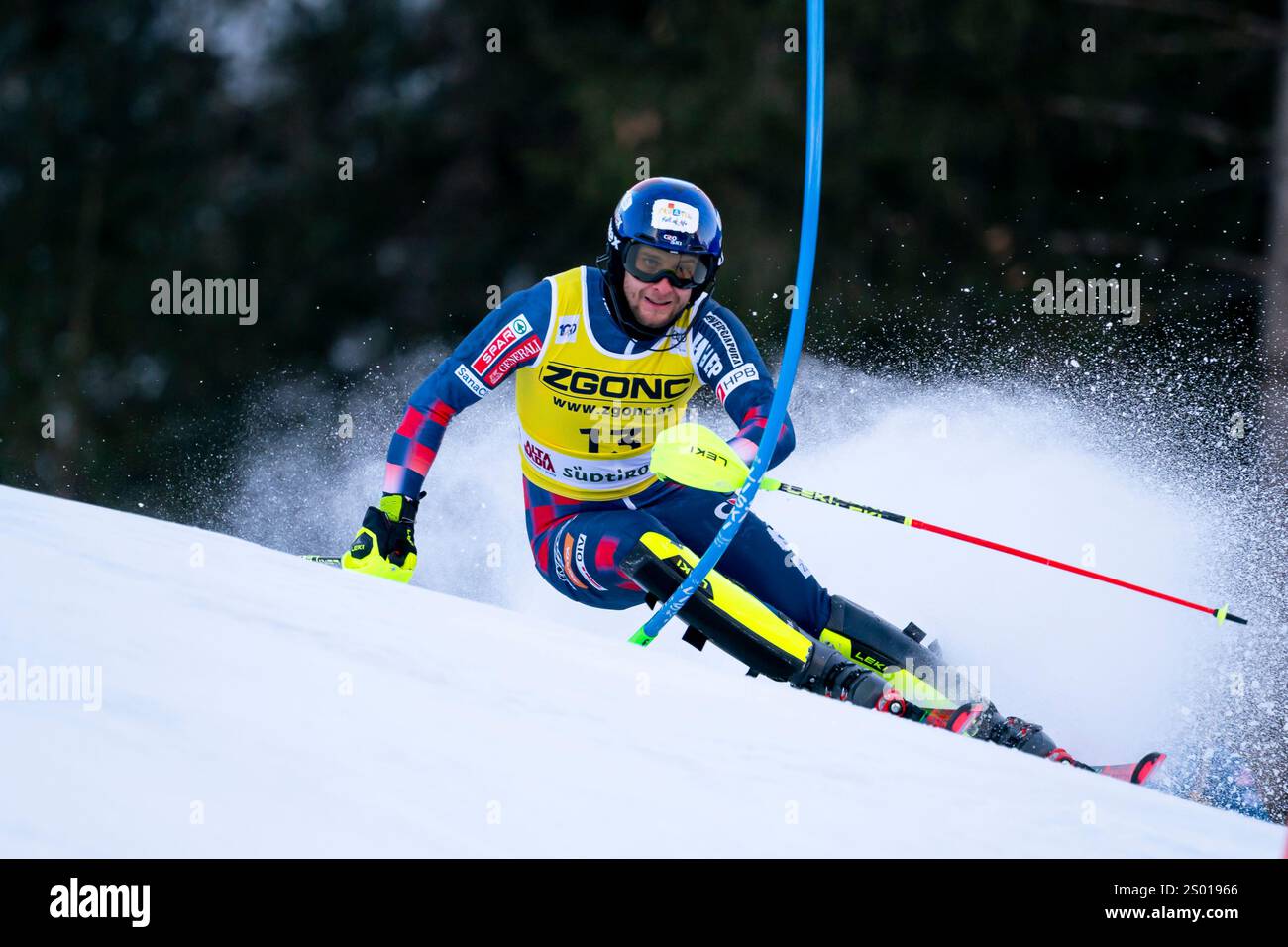 Alta Badia, Italy 23 December 2024.  KOLEGA Samuel (CRO) competing in the Audi Fis Alpine Skiing World Cup Men’s Slalom on the Gran Risa Course in the dolomite mountain range. Stock Photo