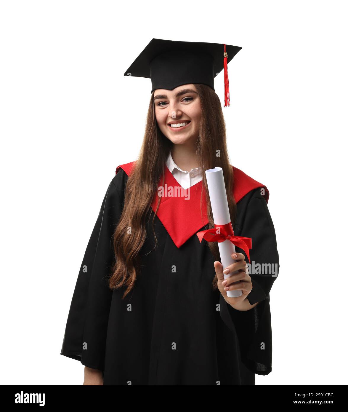 Happy student with diploma after graduation on white background Stock ...