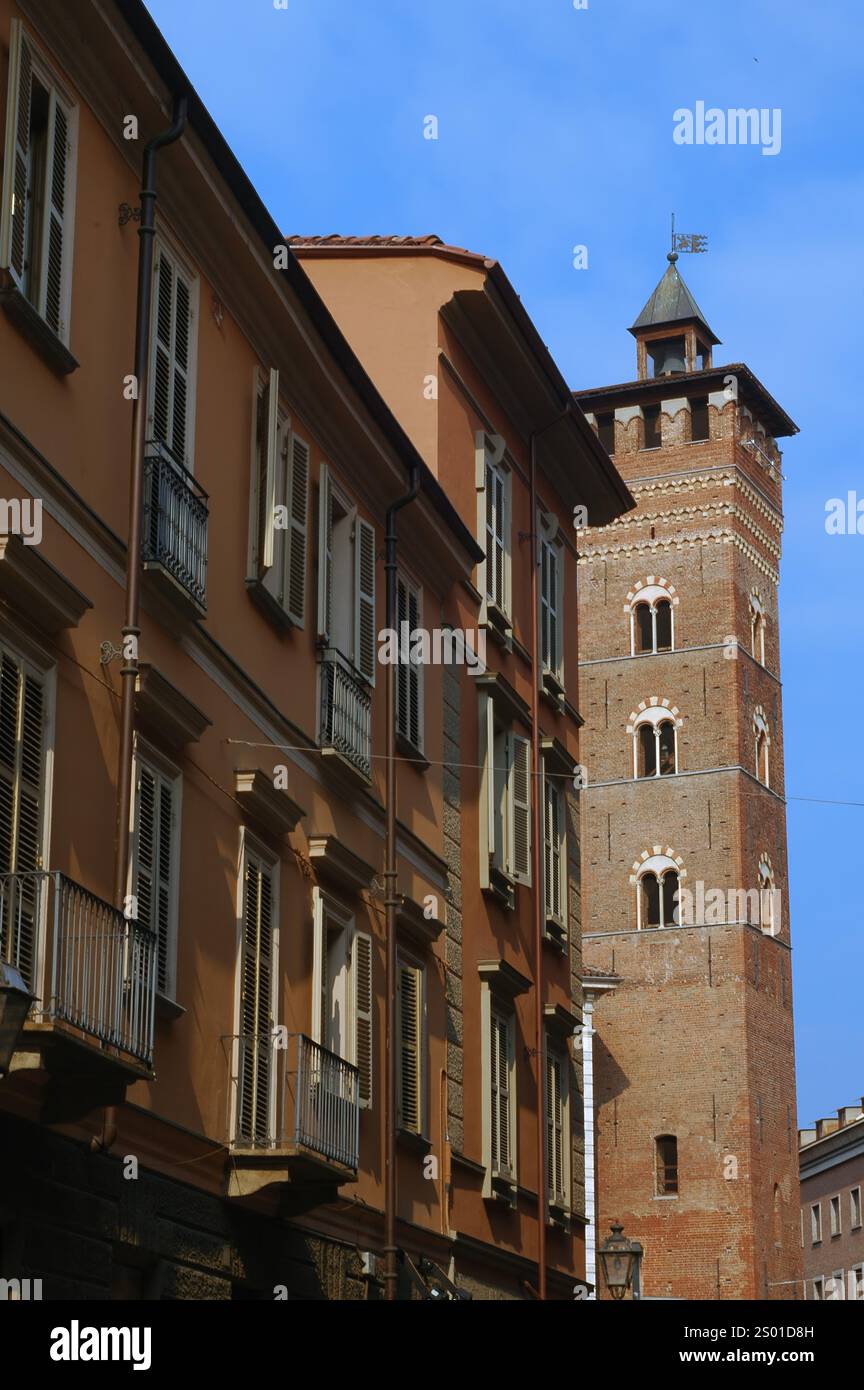 Asti (Piedmont, Italy): ancient buildings: a tower and palaces Stock ...