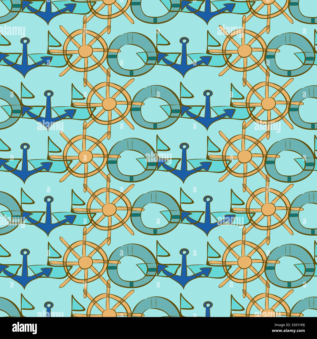 Seamless pattern with marine objects in turquoise tones Stock Vector