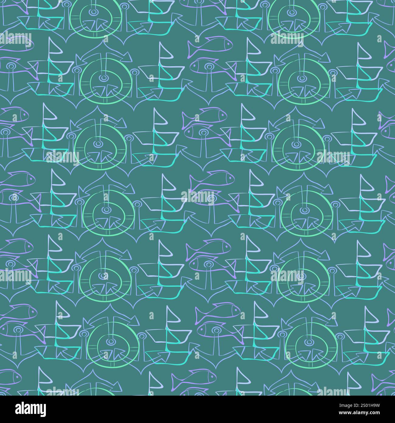 Seamless pattern with marine elements in neon style in green turquoise tones Stock Vector