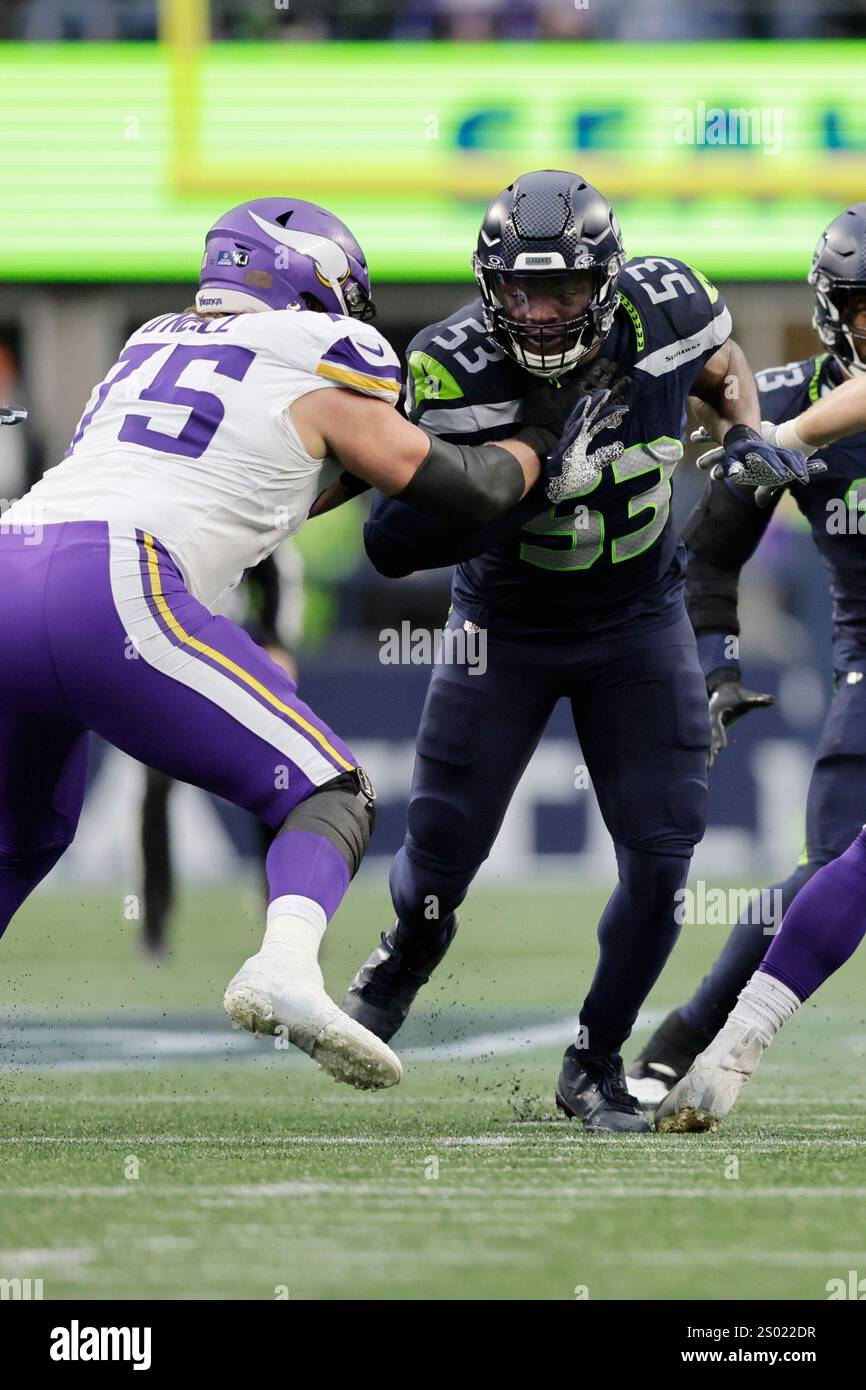 Seattle Seahawks linebacker Boye Mafe (53) steps to Minnesota Vikings