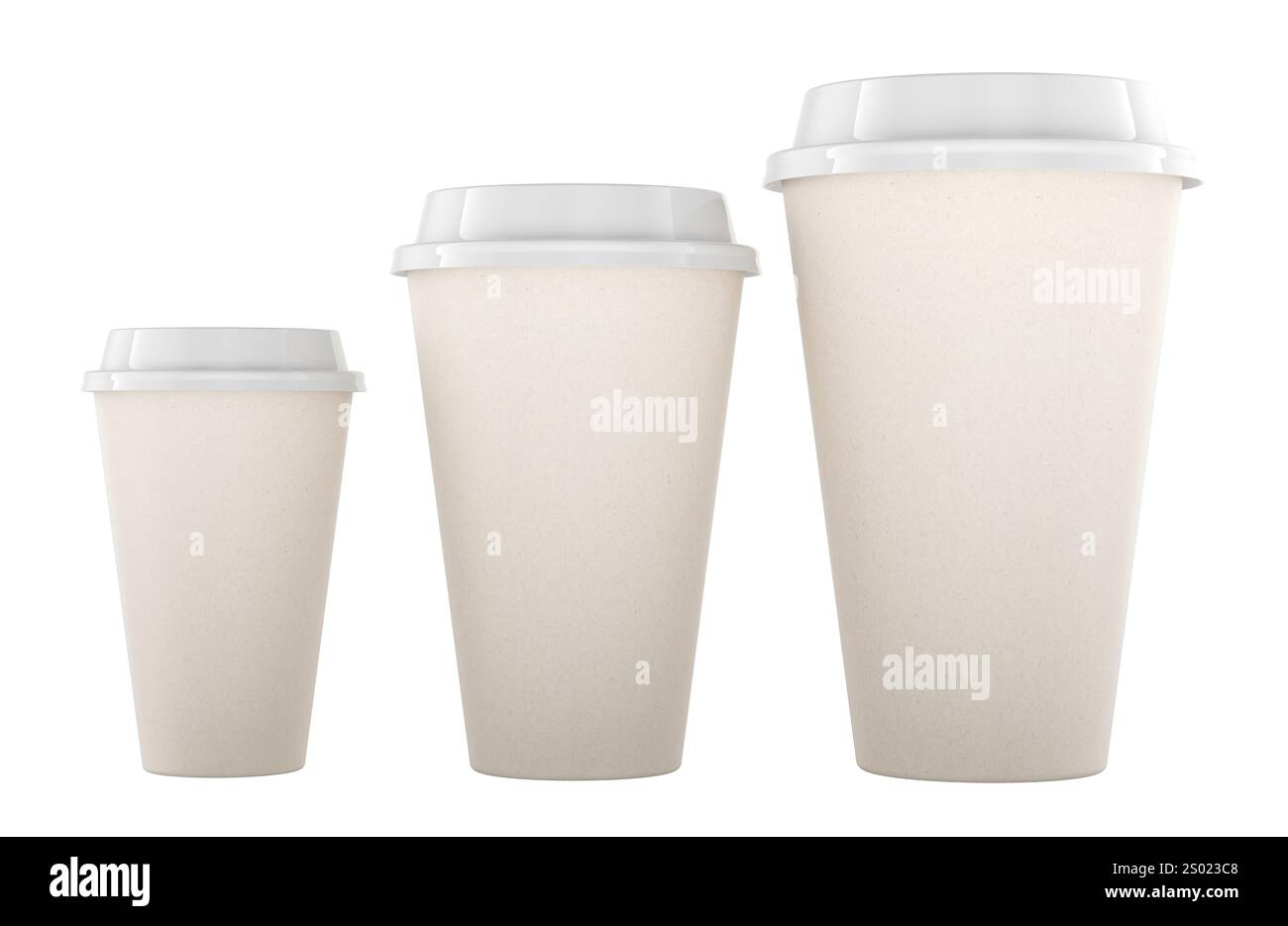 Disposable cups with lids. Small, medium and large size. 3D rendering ...