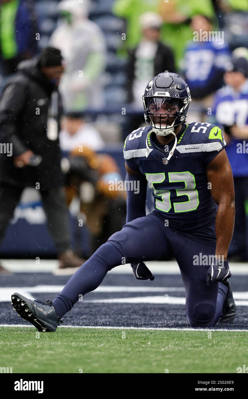 Seattle Seahawks linebacker Boye Mafe (53) on the field for warmups