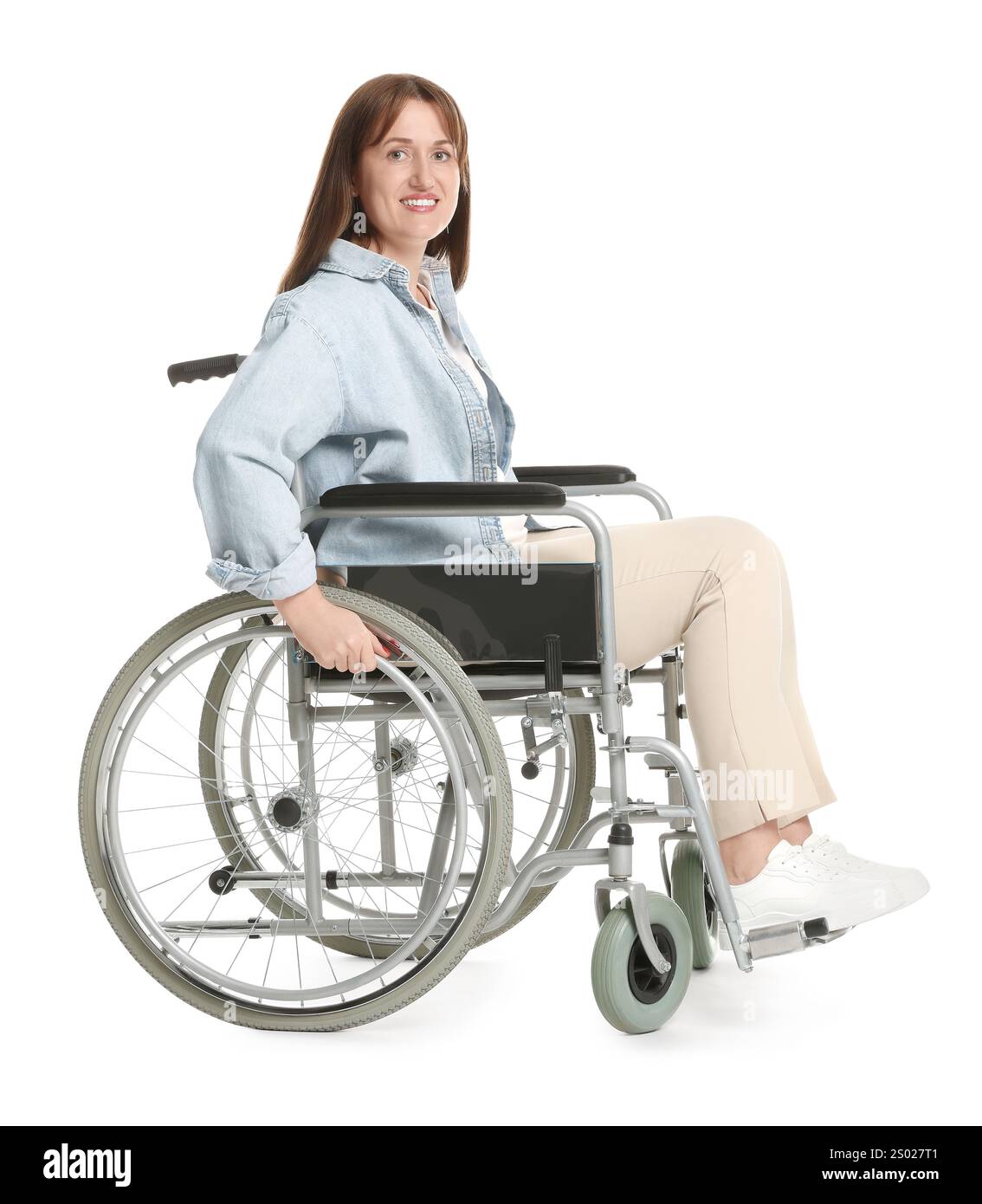 Smiling woman in wheelchair on white background Stock Photo - Alamy