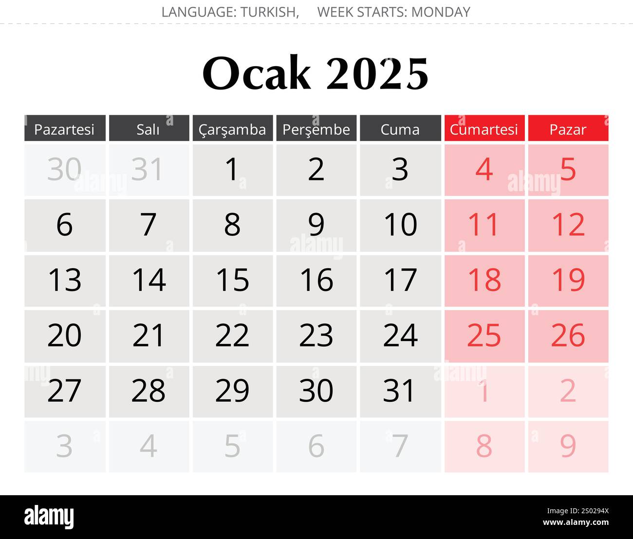 Turkish calendar for month January 2025 - takvim ocak. Vector