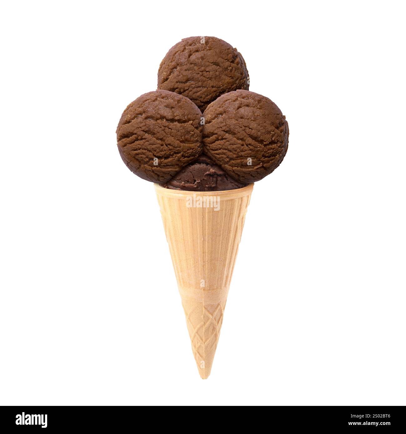 Chocolate ice cream scoops in waffle cone on white background Stock ...