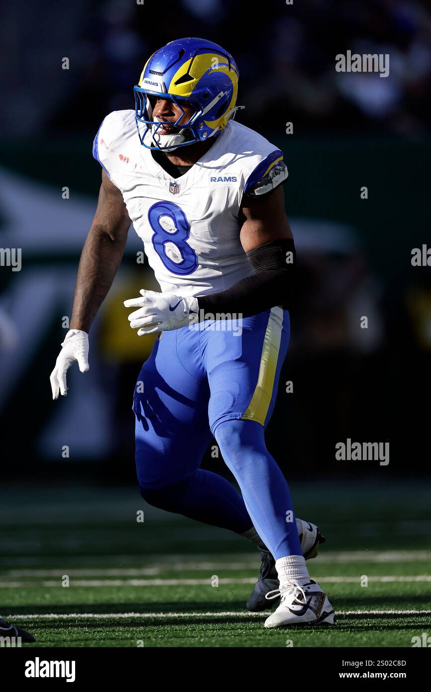 Los Angeles Rams linebacker Jared Verse (8) defends during an NFL ...