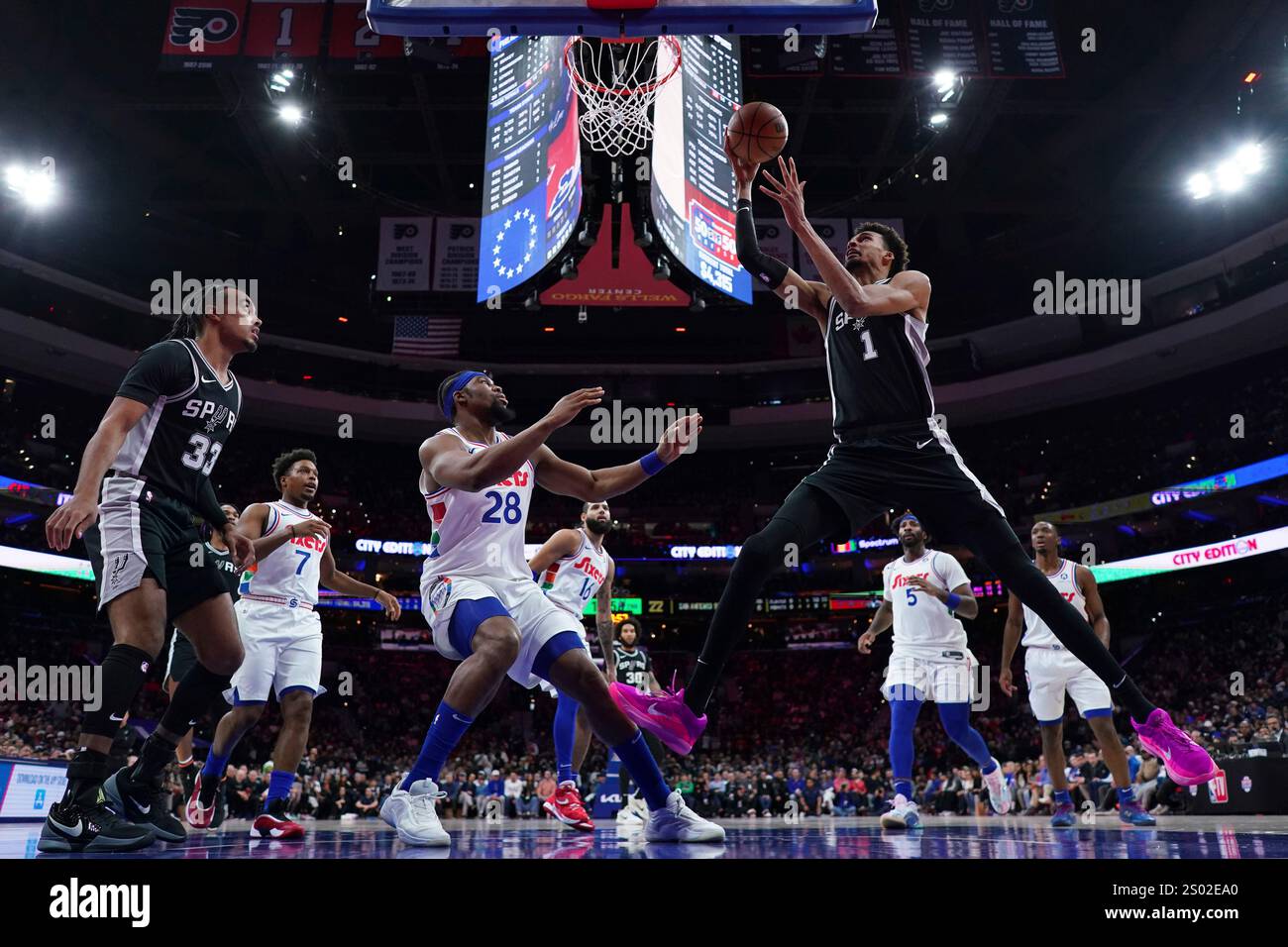 San Antonio Spurs' Victor Wembanyama (1) goes up for a shot against