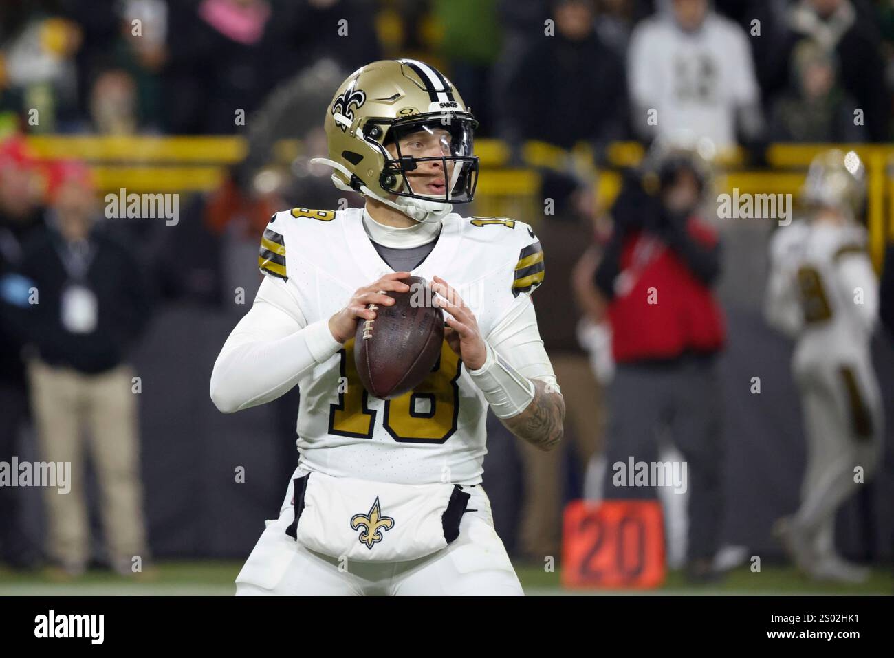 New Orleans Saints quarterback Spencer Rattler (18) drops back to pass