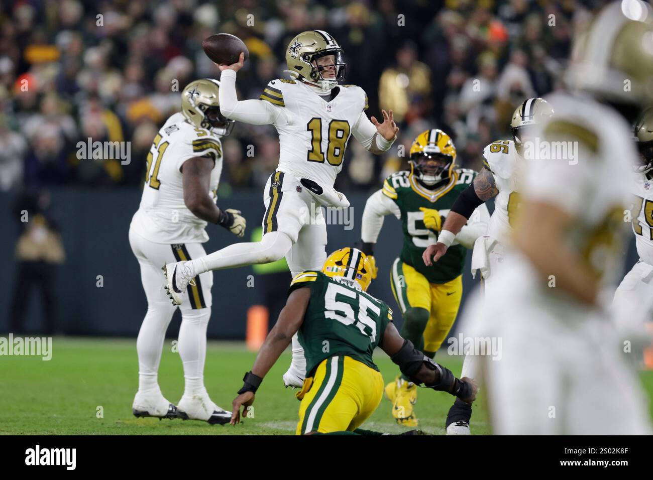 New Orleans Saints quarterback Spencer Rattler (18) passes during the