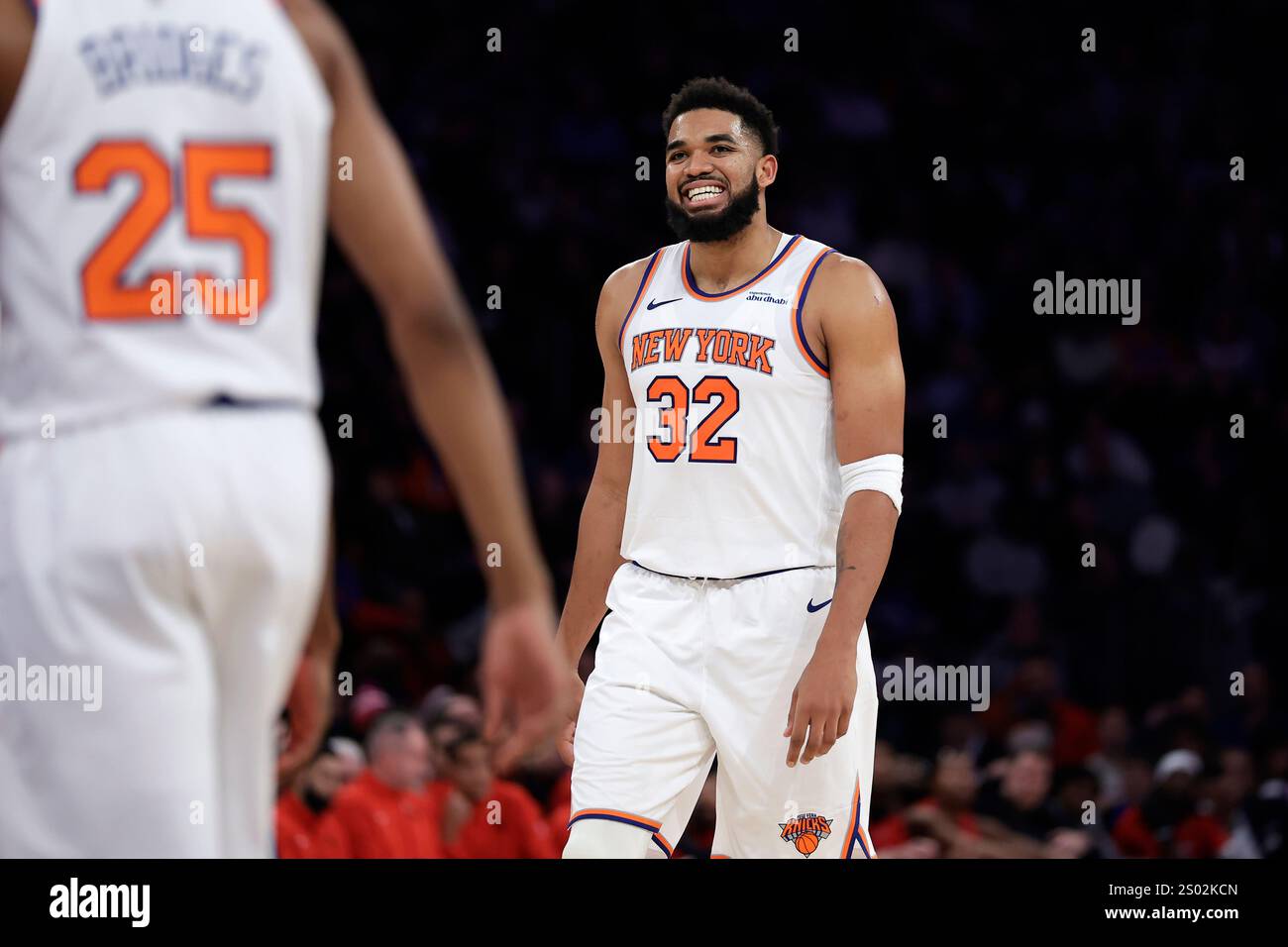 New York Knicks center Karl-Anthony Towns (32) reacts during the second ...
