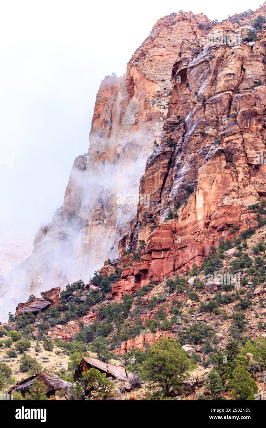 A mountain with a foggy mist rising from it. The mountain is covered in ...