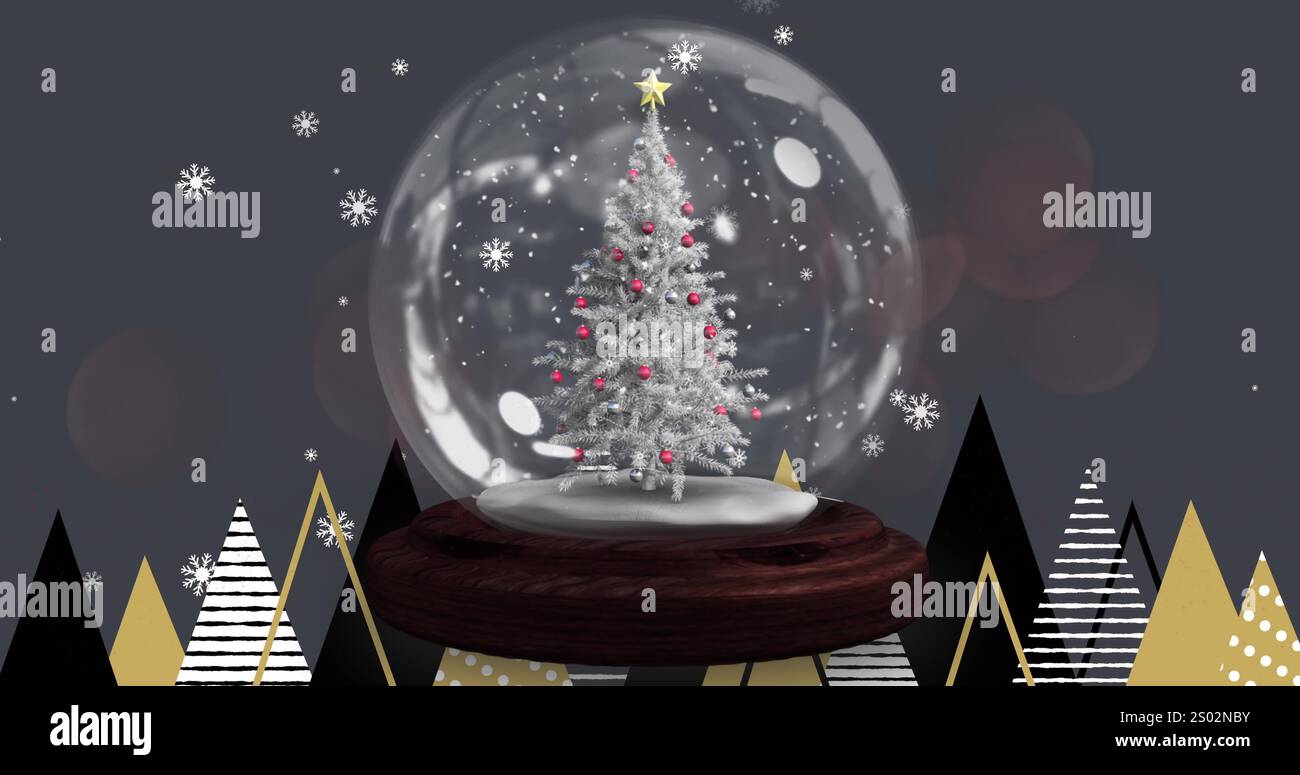 Image of snow globe with christmas tree over snow falling and fir trees ...