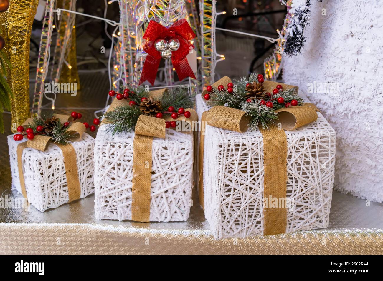 christmas gift boxes with ribbon and bow. Stock Photo