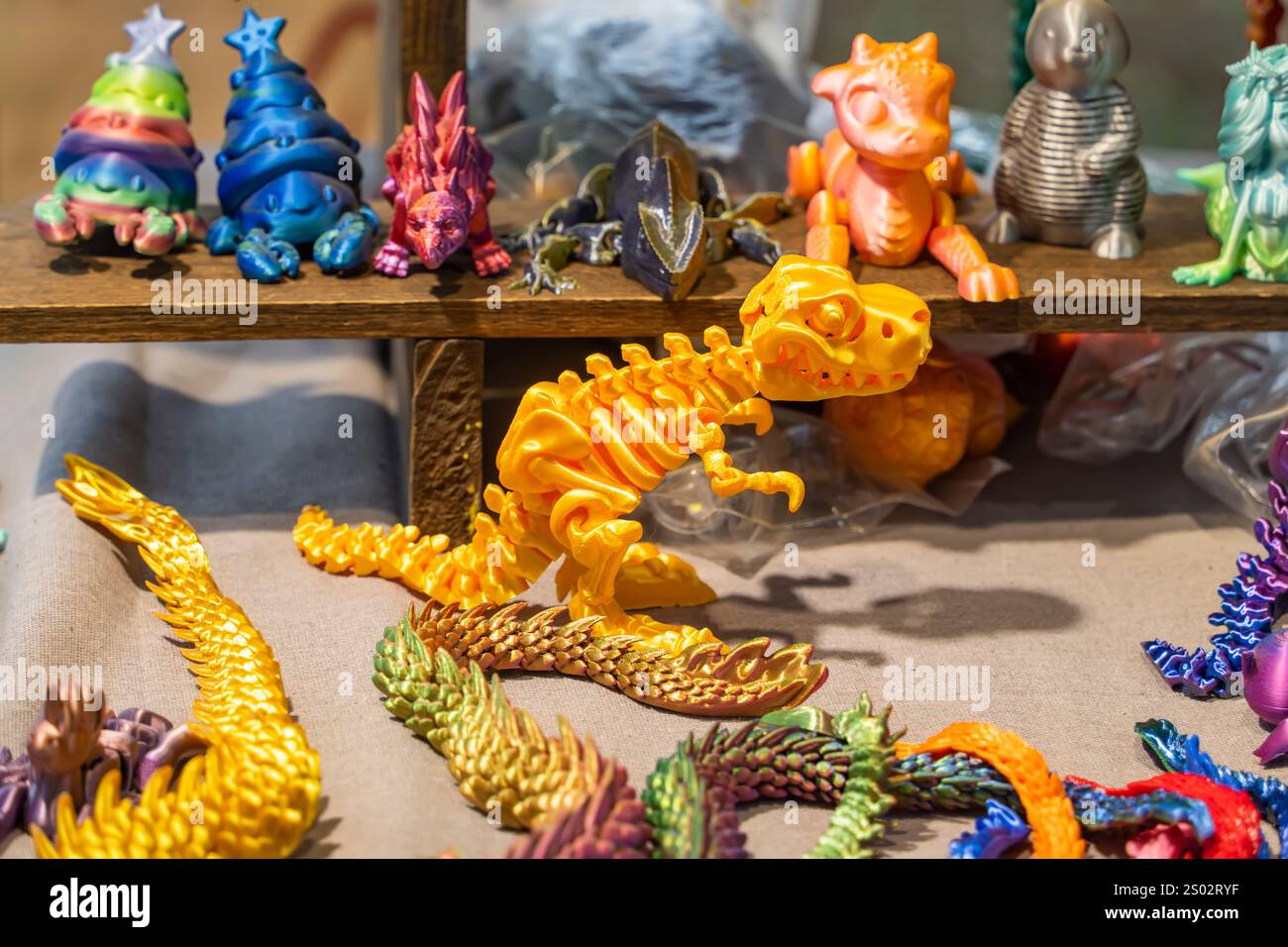 3D printer printing dragon figure close-up. Stock Photo