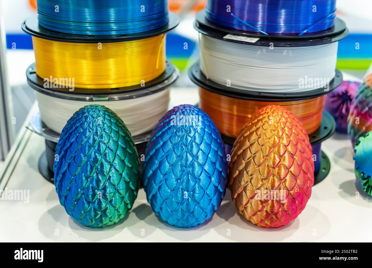 colorful plastic model of egg printed on a 3D printer Stock Photo