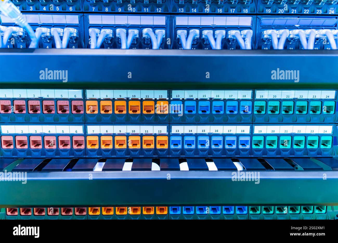 Server rack with colorful patch panel in data server room Stock Photo
