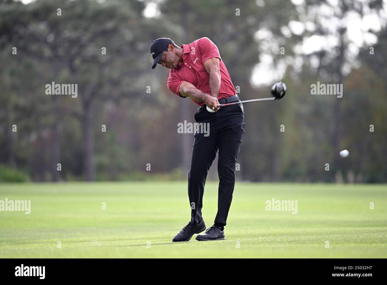Tiger Woods hits from the 14th fairway during the final round of the