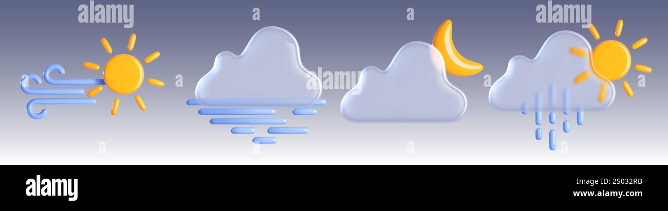 Weather forecast icons. 3d meteorological symbols - windy sun, misty morning, moon behind cloud, rainy daylight. Realistic vector illustration set of atmospheric elements for meteorology prediction. Stock Vector