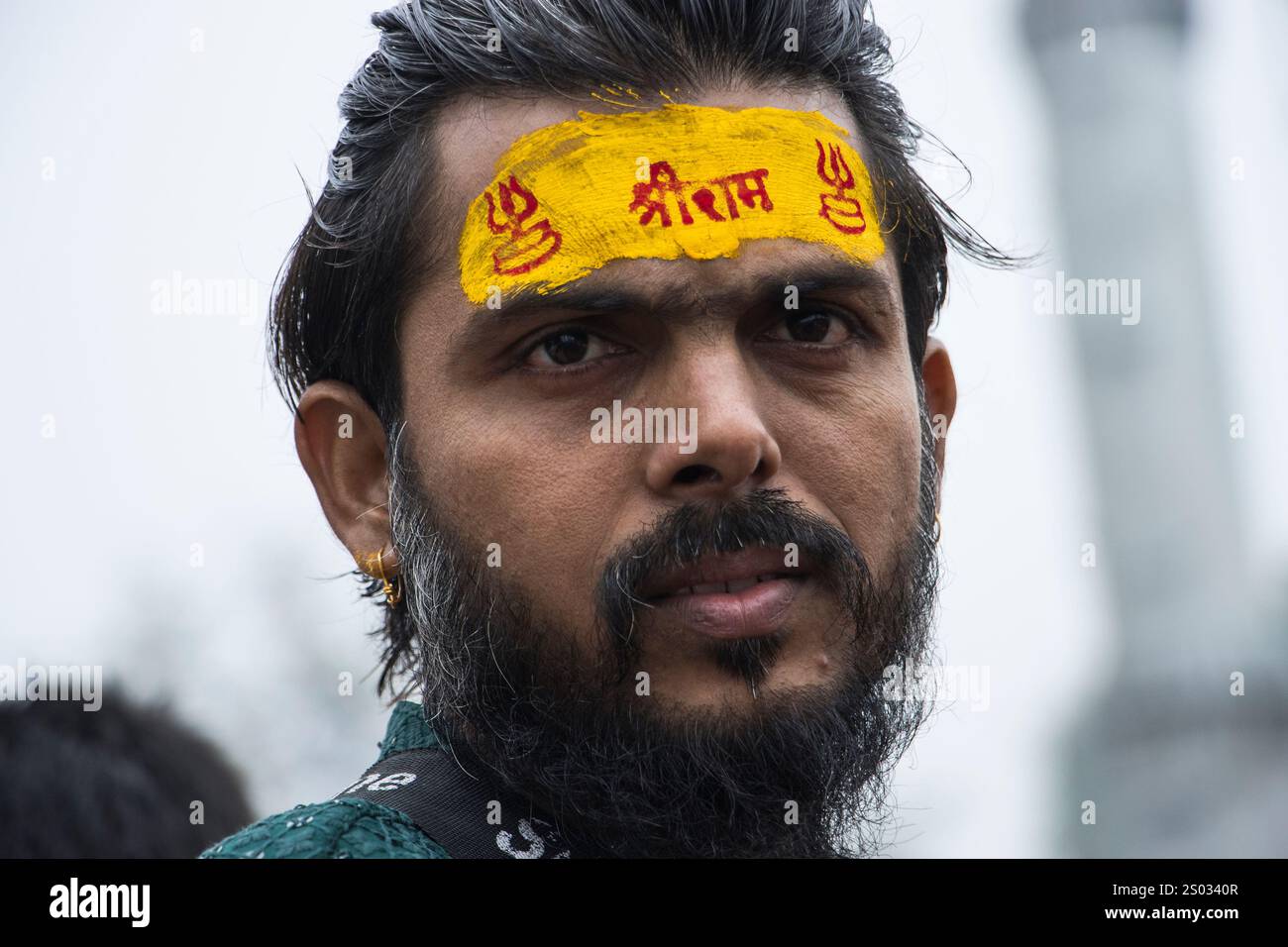 Pilgrims with “Shri Ram” Tilaka, forehead marking. Ram Janmabhoomi pathAyodhya, UP, India Stock Photo