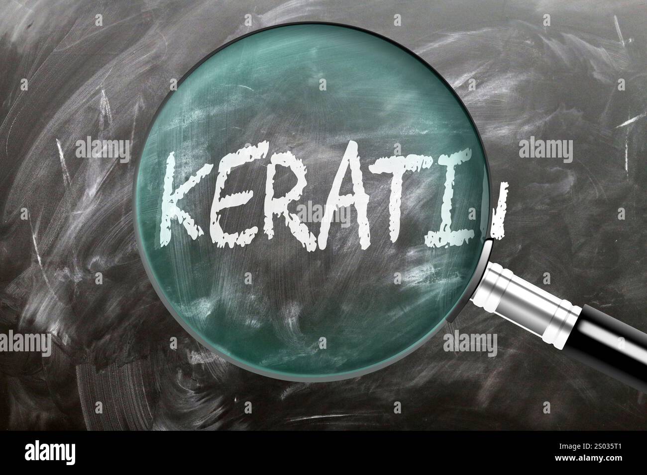 Keratin - learn, study and inspect it. Taking a closer look at keratin. A magnifying glass enlarging word 'keratin' written on a blackboard Stock Photo