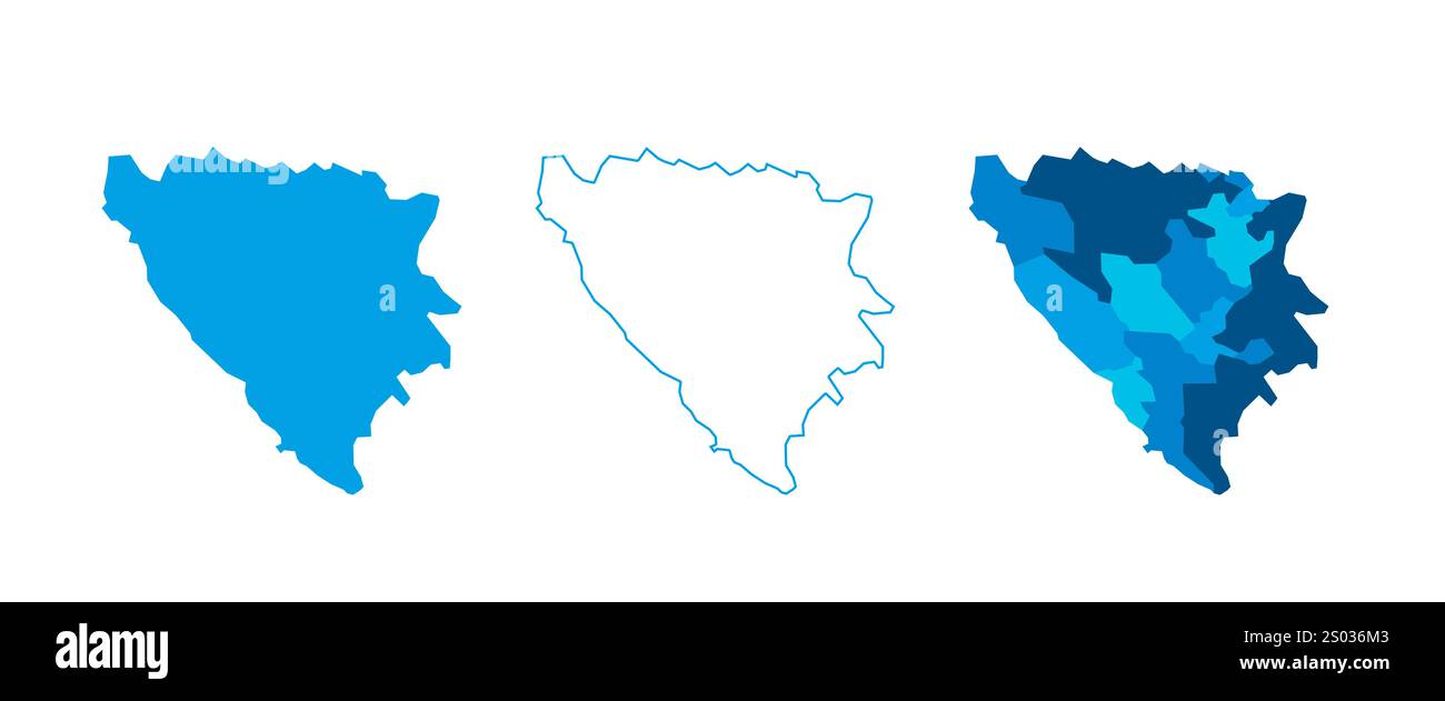Bosnia and Herzegovina set of three maps - solid map, outline map and map highlighting administrative divisions. Three distinct maps illustrate various representations of a geographical area. Stock Vector