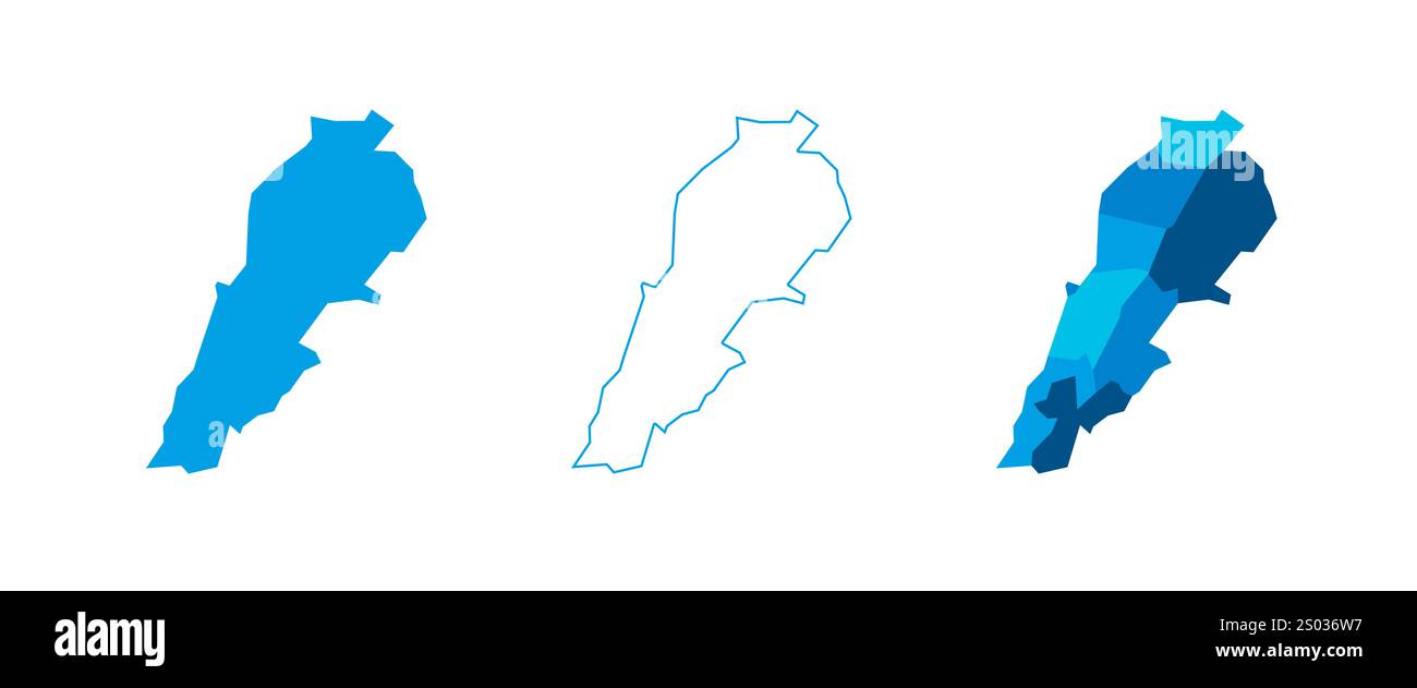 Lebanon set of three maps - solid map, outline map and map highlighting administrative divisions. Three distinct maps illustrate various representations of a geographical area. Stock Vector