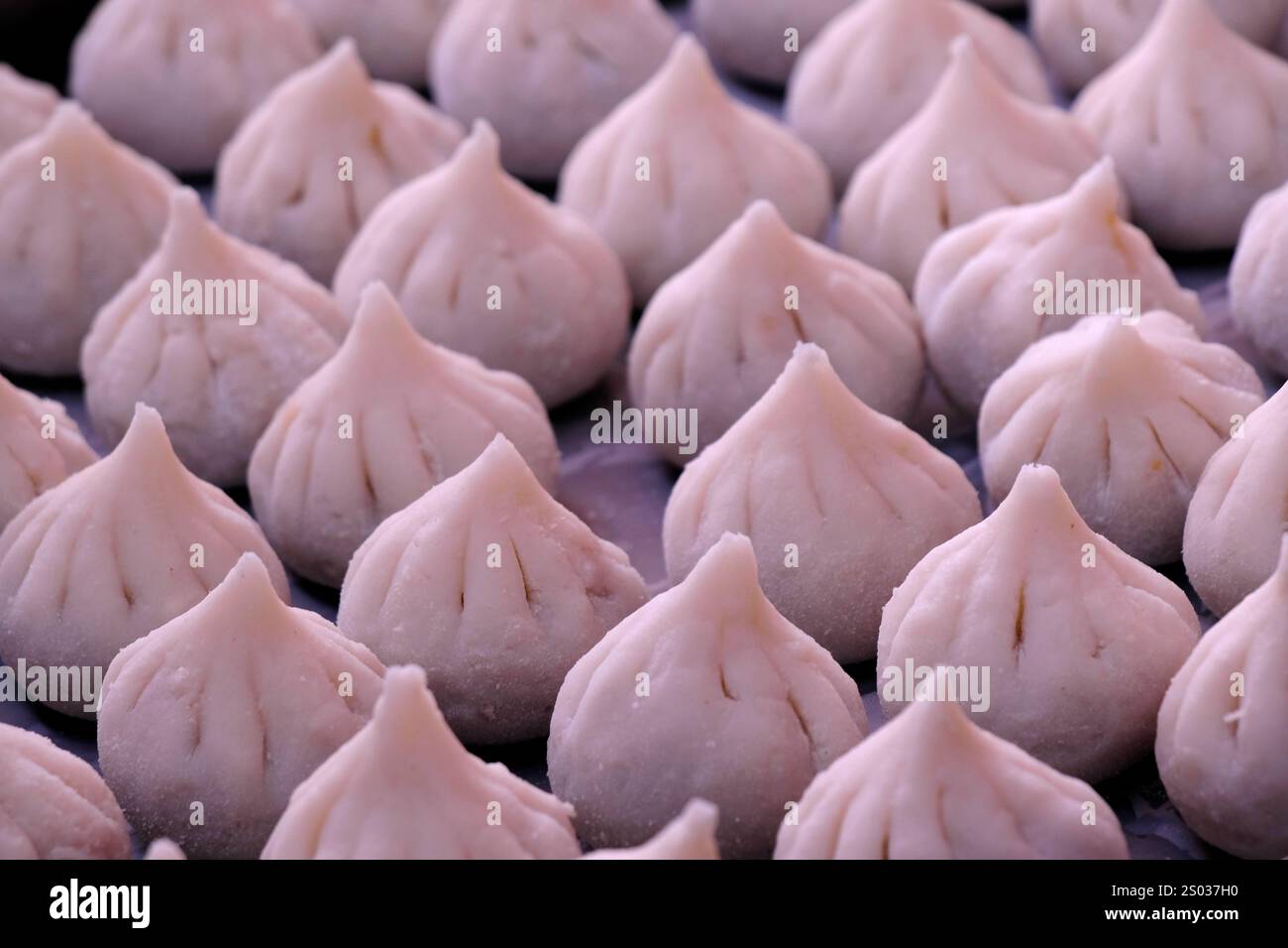 Woman making sweet rice modak stuffed with grated coconut and jaggery, Steamed or ukdiche Modak. It's a traditional sweet dish made out of coconut, ja Stock Photo