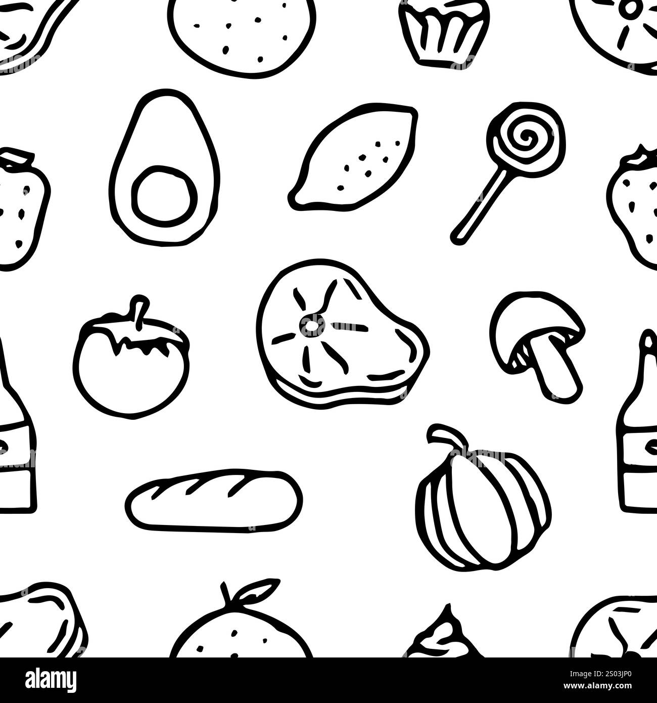 seamless pattern with food icons. Doodle seamless food background Stock Photo