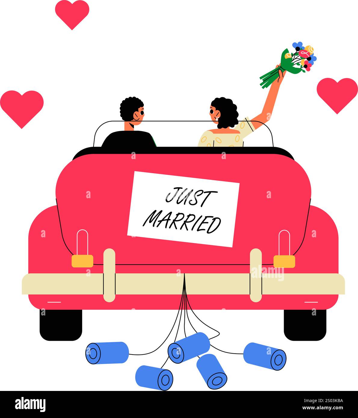 Just Married Couple Driving Away In Car In Flat Vector Illustration ...