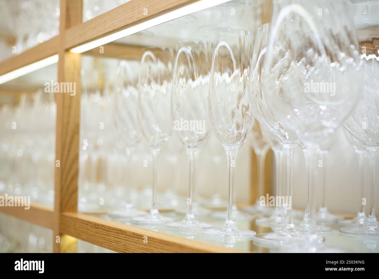 empty wine glasses on display in a store Stock Photo