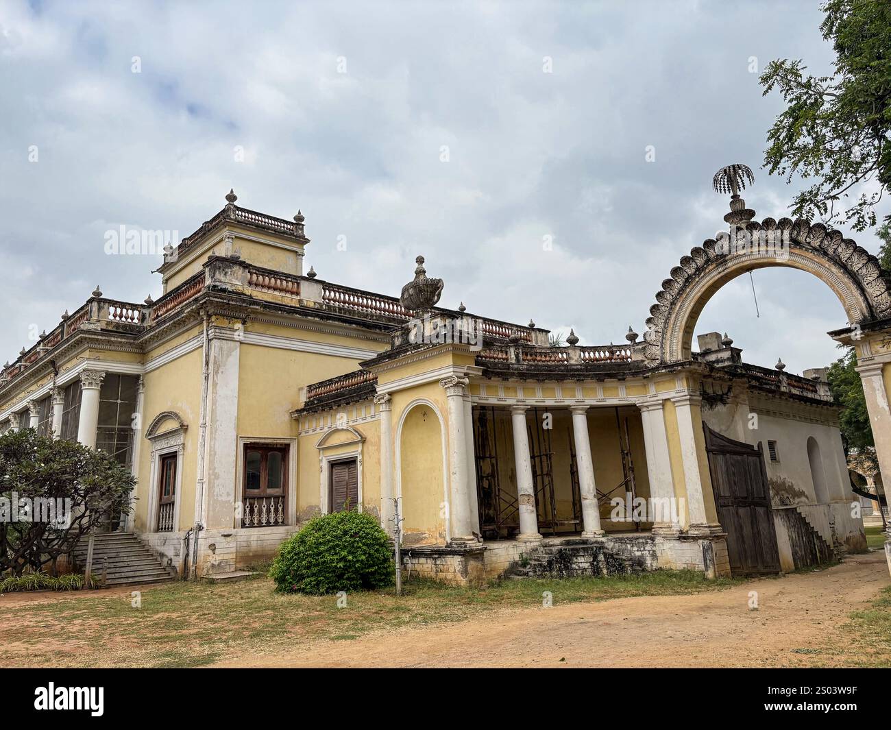 The view of Chowmahalla Palace in Hyderabad India, was the royal residence of the Nizams, blending Indian, Persian, and European styles. Stock Photo