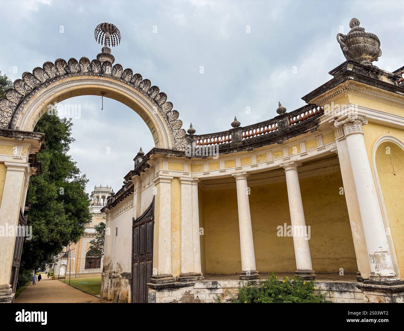 The view of Chowmahalla Palace in Hyderabad India, was the royal residence of the Nizams, blending Indian, Persian, and European styles. Stock Photo