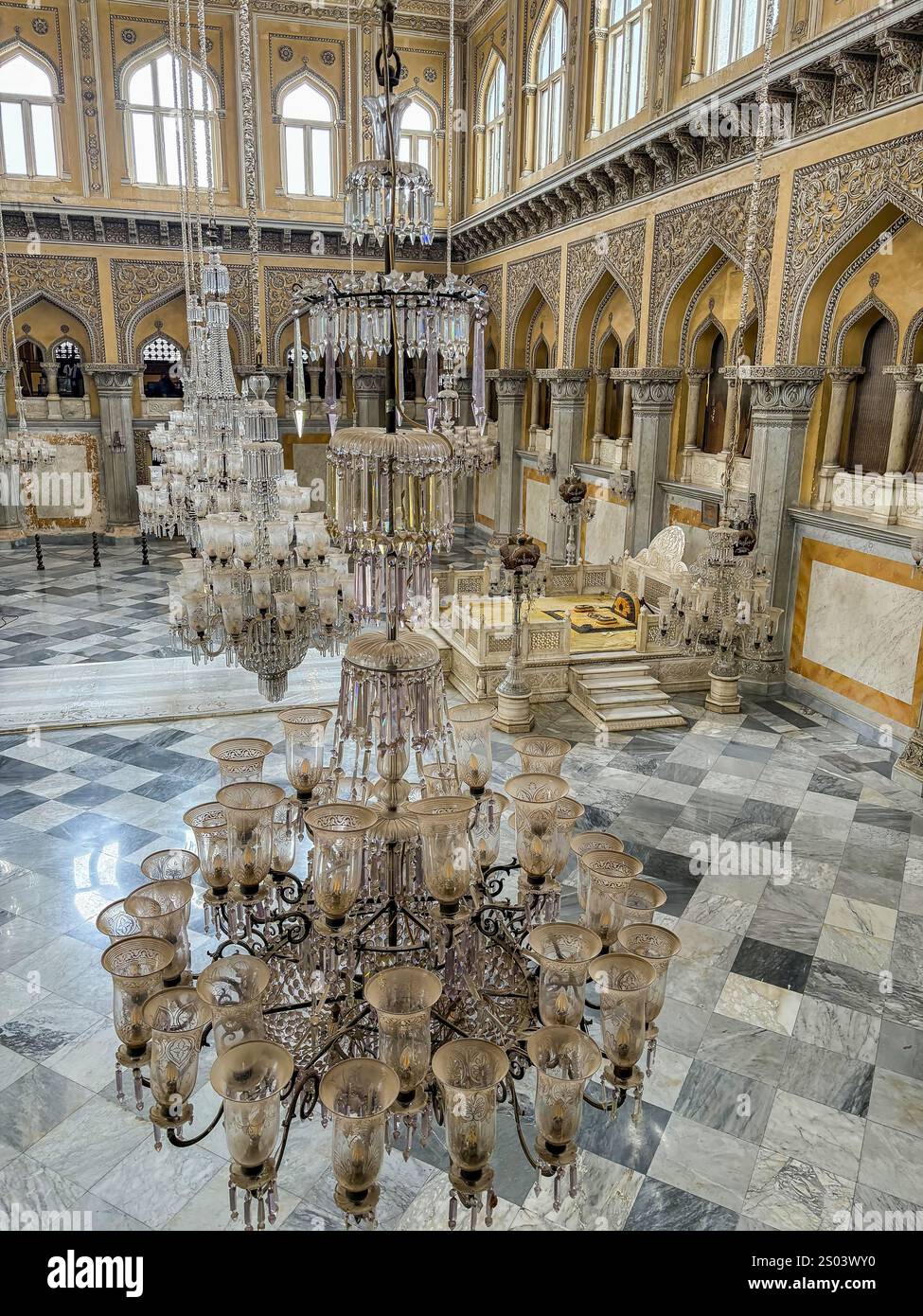 The crystal chandelier in Darbar Hall of Chowmahalla Palace in ...