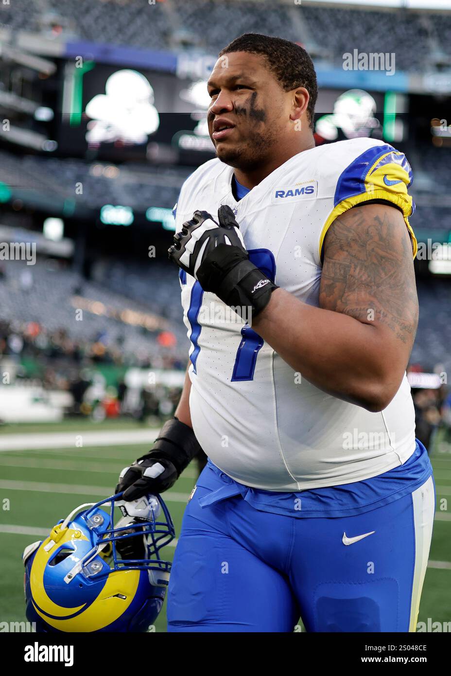 Los Angeles Rams offensive tackle Alaric Jackson (77) reacts after an ...